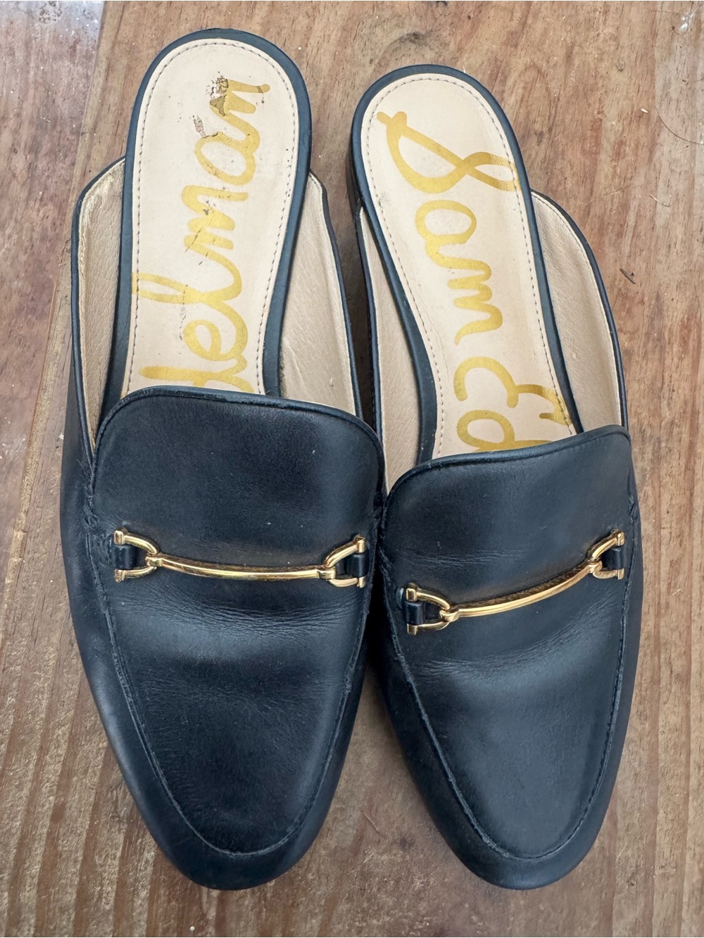Sam Edelman Black Leather Slip-On Loafers with Gold Bit